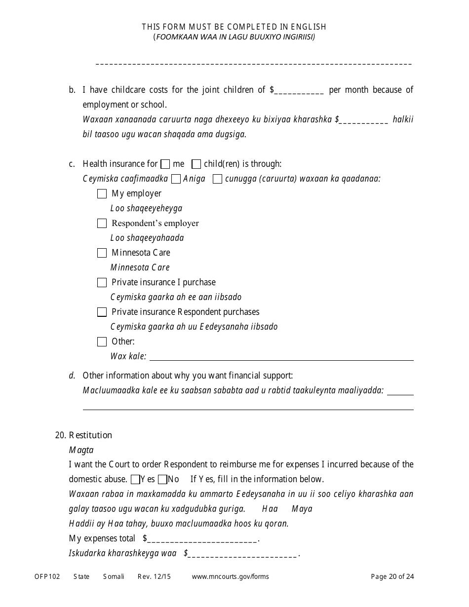 Form OFP102 Petitioners Affidavit and Petition for Order of Protection - Minnesota (English / Somali), Page 20