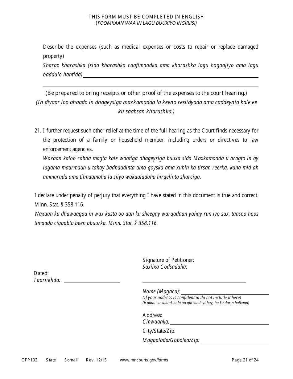 Form OFP102 Petitioners Affidavit and Petition for Order of Protection - Minnesota (English / Somali), Page 21