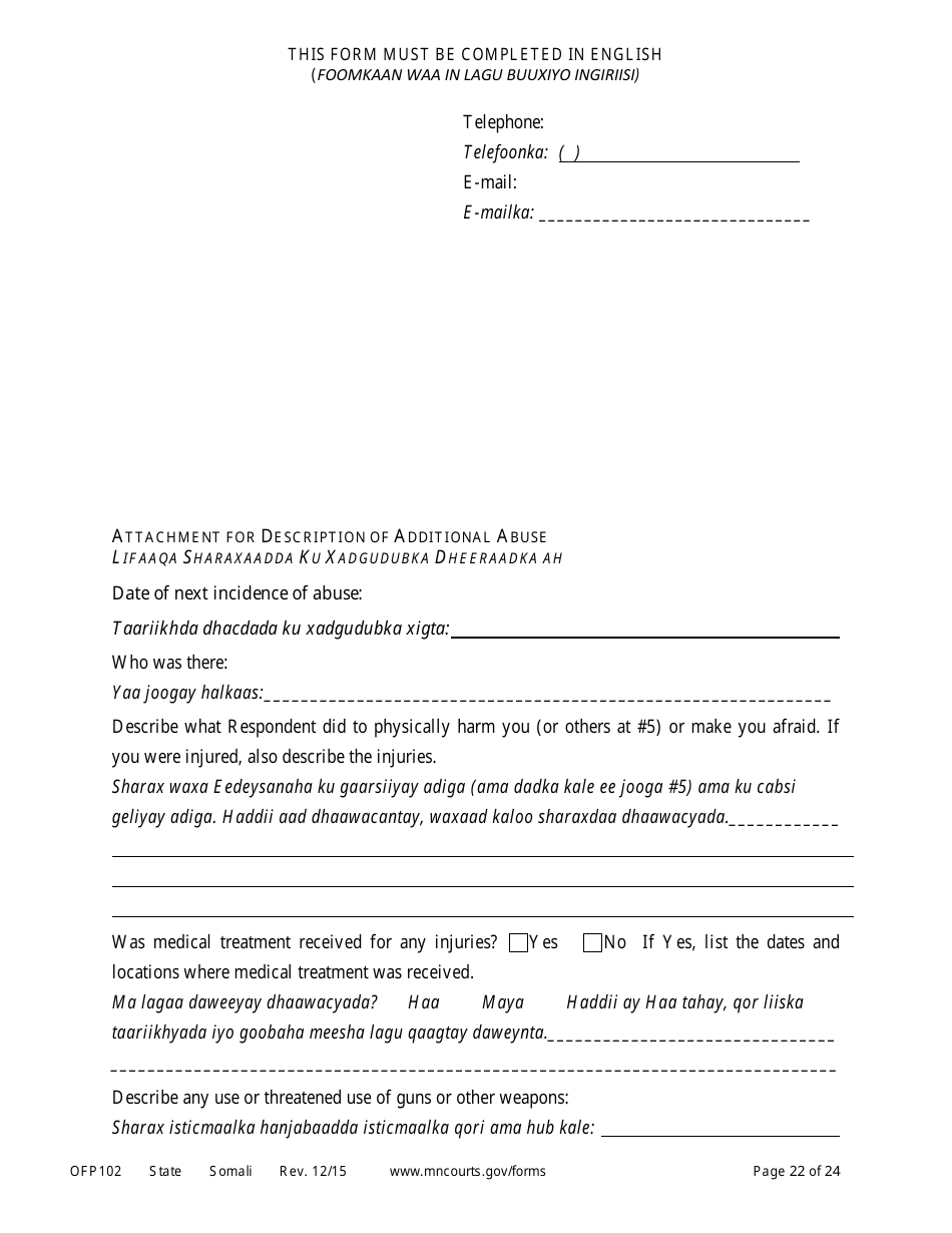 Form OFP102 Petitioners Affidavit and Petition for Order of Protection - Minnesota (English / Somali), Page 22