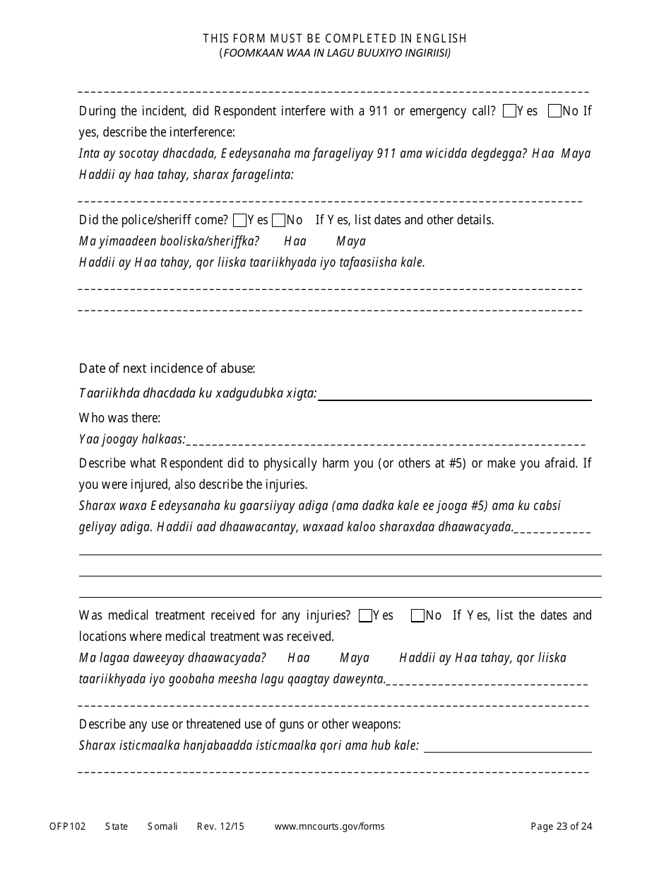 Form OFP102 Petitioners Affidavit and Petition for Order of Protection - Minnesota (English / Somali), Page 23