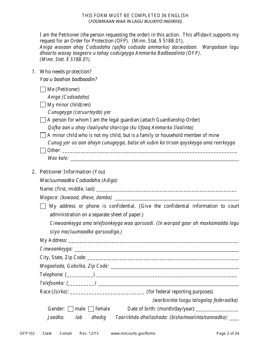 Form OFP102 Petitioners Affidavit and Petition for Order of Protection - Minnesota (English / Somali), Page 2
