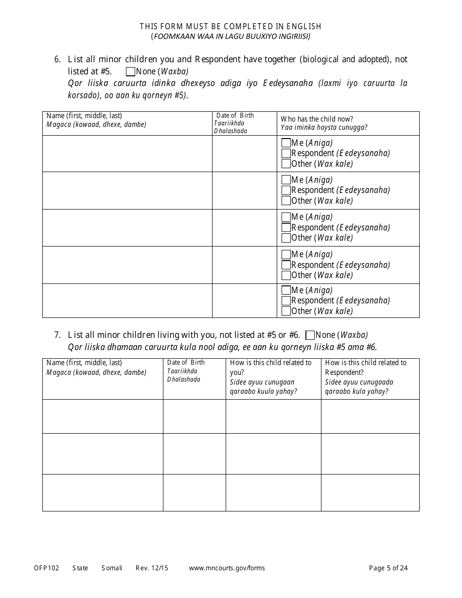 Form OFP102 Petitioners Affidavit and Petition for Order of Protection - Minnesota (English / Somali), Page 5