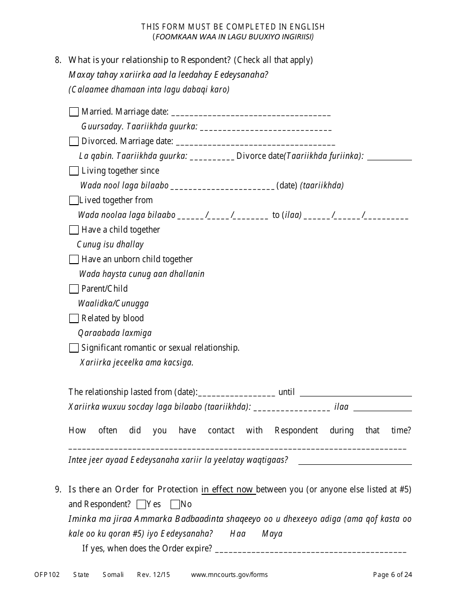 Form OFP102 Petitioners Affidavit and Petition for Order of Protection - Minnesota (English / Somali), Page 6