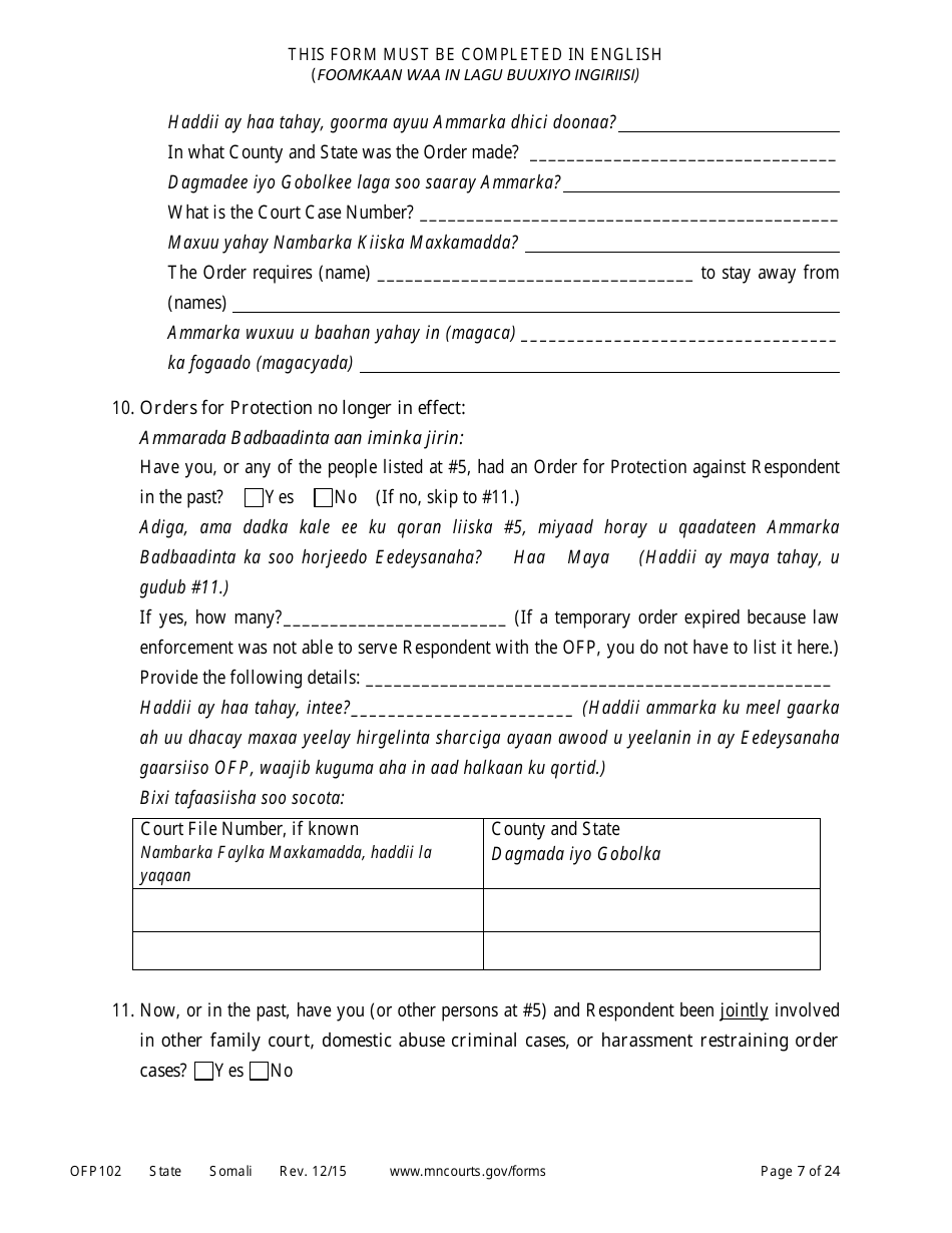 Form OFP102 Petitioners Affidavit and Petition for Order of Protection - Minnesota (English / Somali), Page 7