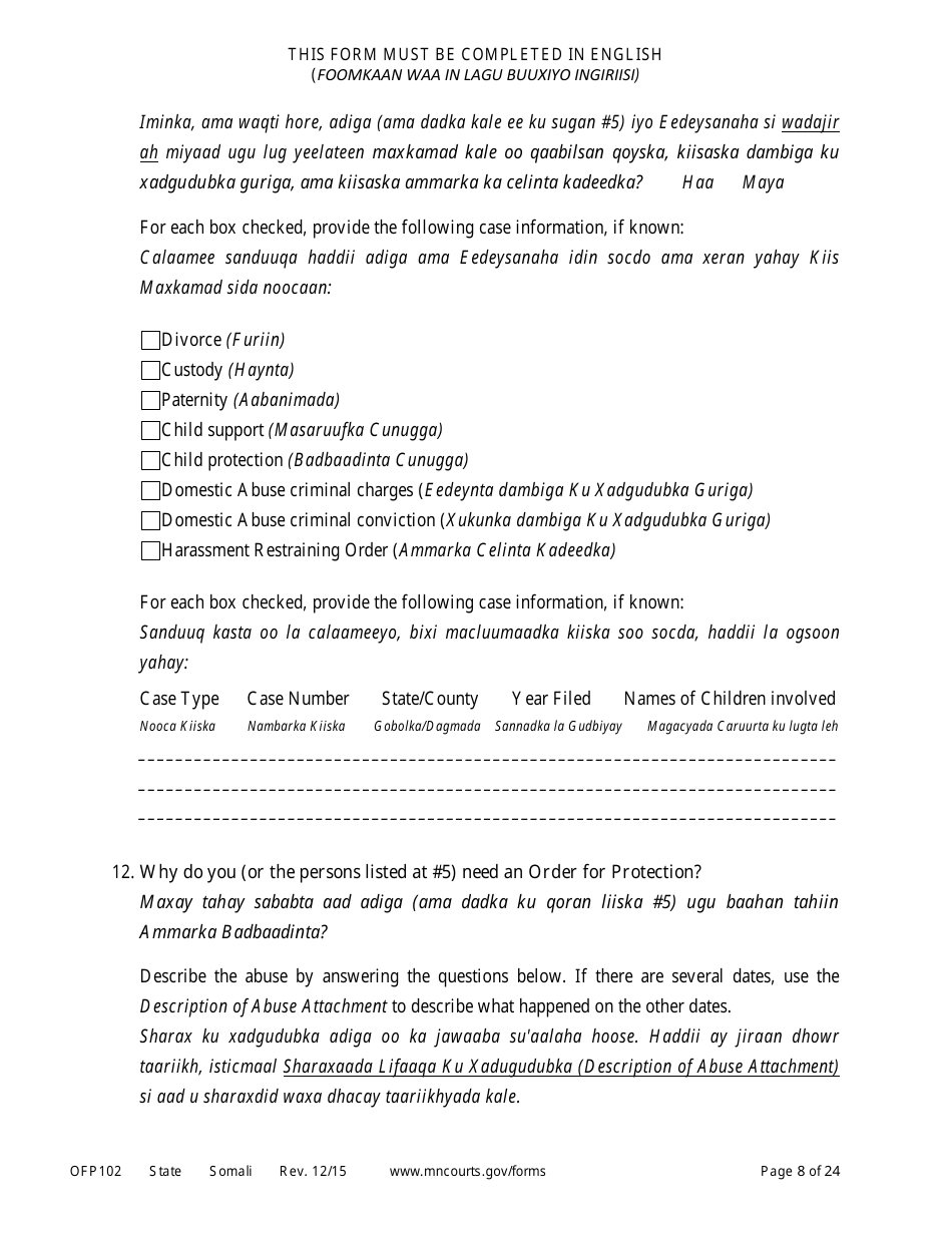 Form OFP102 Petitioners Affidavit and Petition for Order of Protection - Minnesota (English / Somali), Page 8