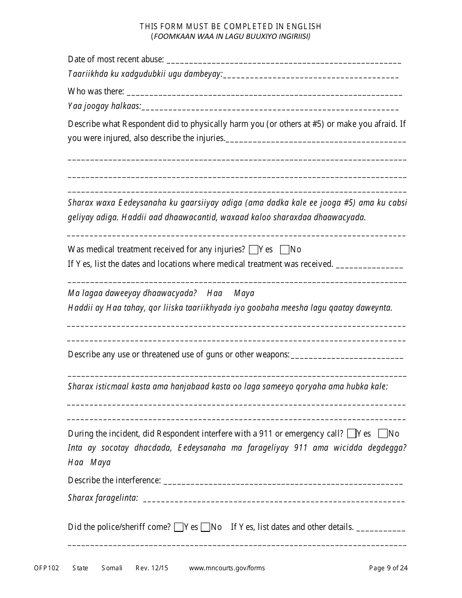 Form OFP102 Petitioners Affidavit and Petition for Order of Protection - Minnesota (English / Somali), Page 9