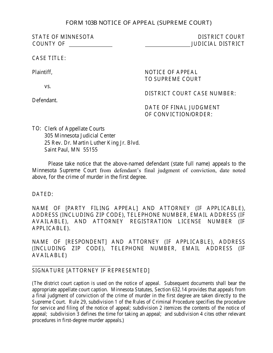 Form 103B Notice of Appeal (Supreme Court) - Minnesota, Page 1