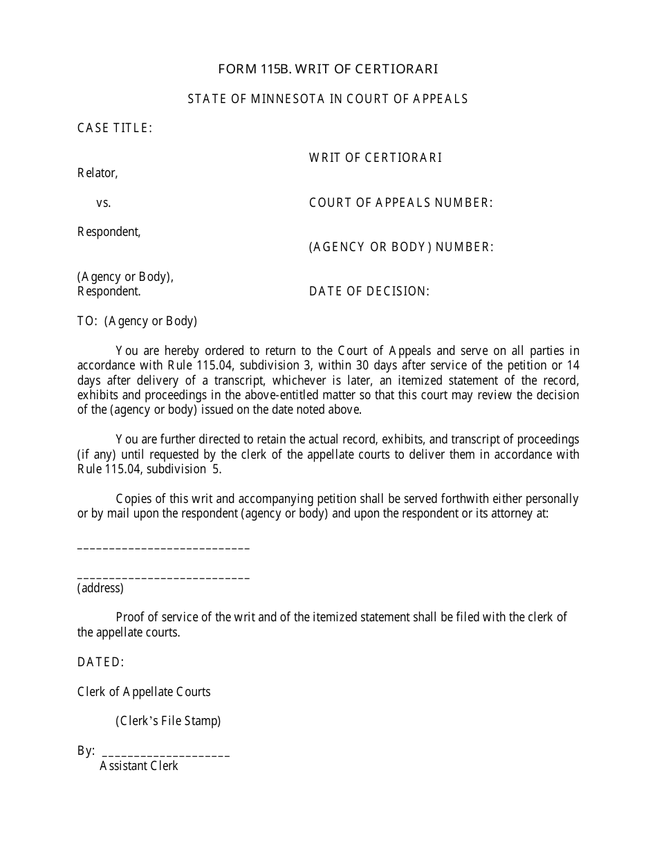 Form 115B Writ of Certiorari - Minnesota, Page 1