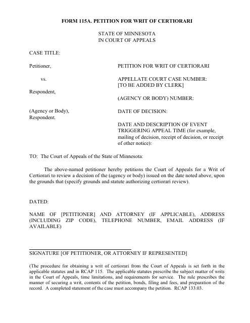 Form 115A Petition for Writ of Certiorari - Minnesota