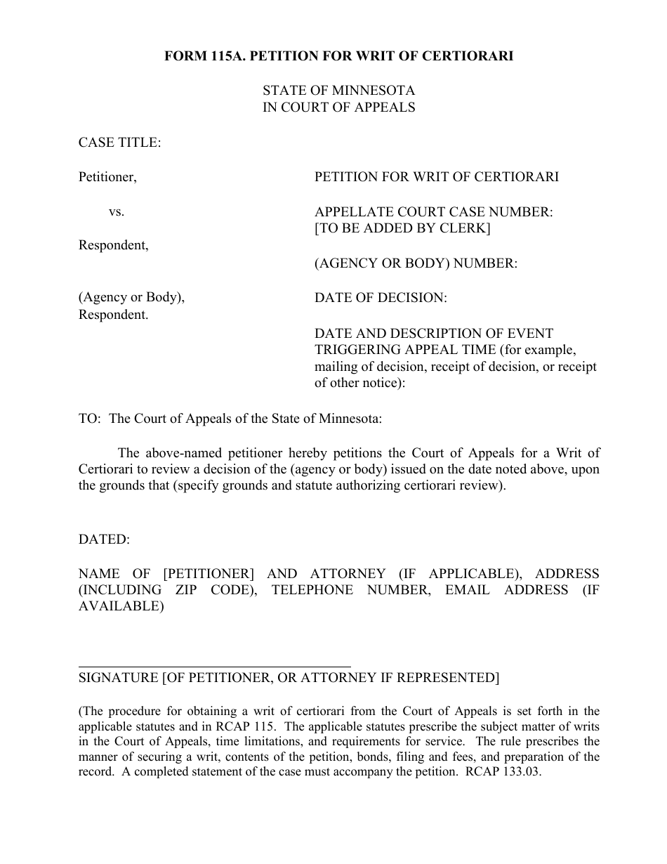 Form 115A Petition for Writ of Certiorari - Minnesota, Page 1