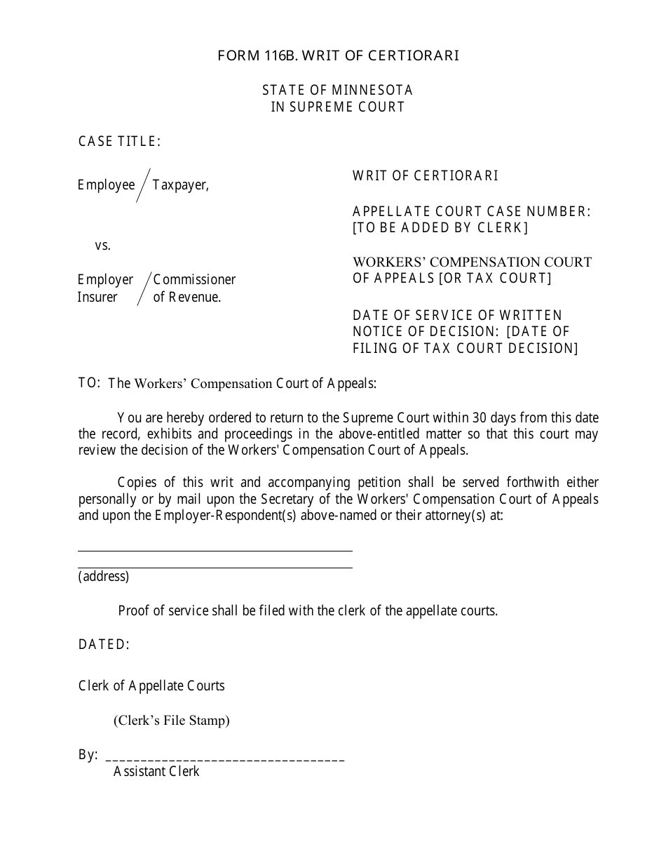 Form 116B Writ of Certiorari - Minnesota, Page 1