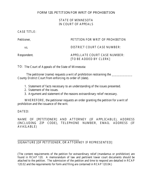 Form 120 Petition for Writ of Prohibiton - Minnesota