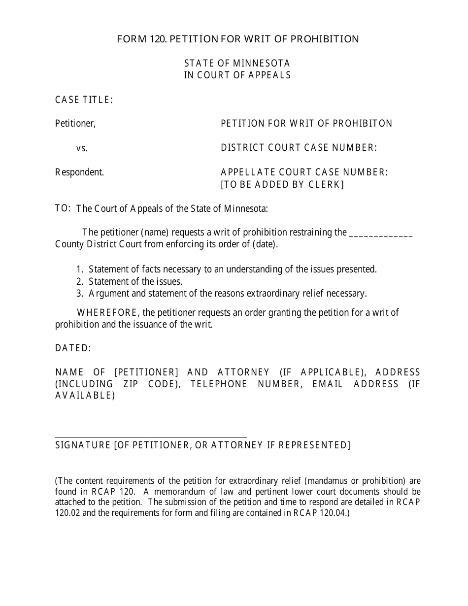 Form 120 Petition for Writ of Prohibiton - Minnesota, Page 1