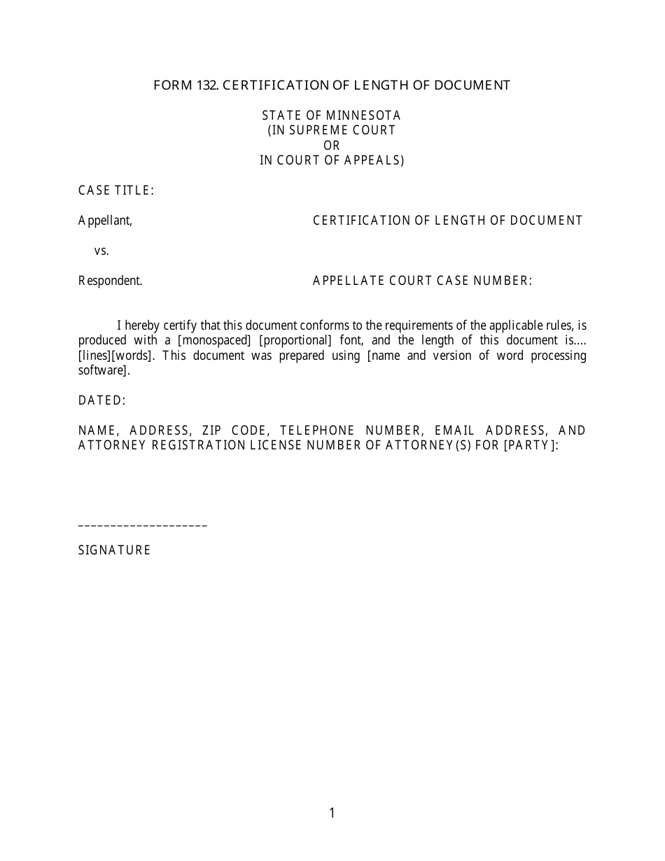 Form 132 Certification of Length of Document - Minnesota, Page 1