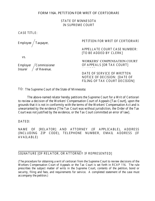 Form 116A Petition for Writ of Certiorari - Minnesota