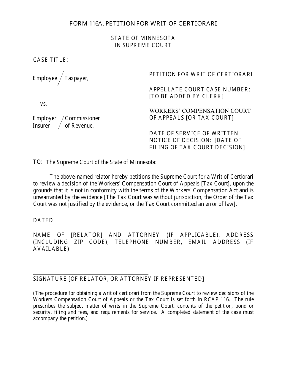 Form 116A Petition for Writ of Certiorari - Minnesota, Page 1