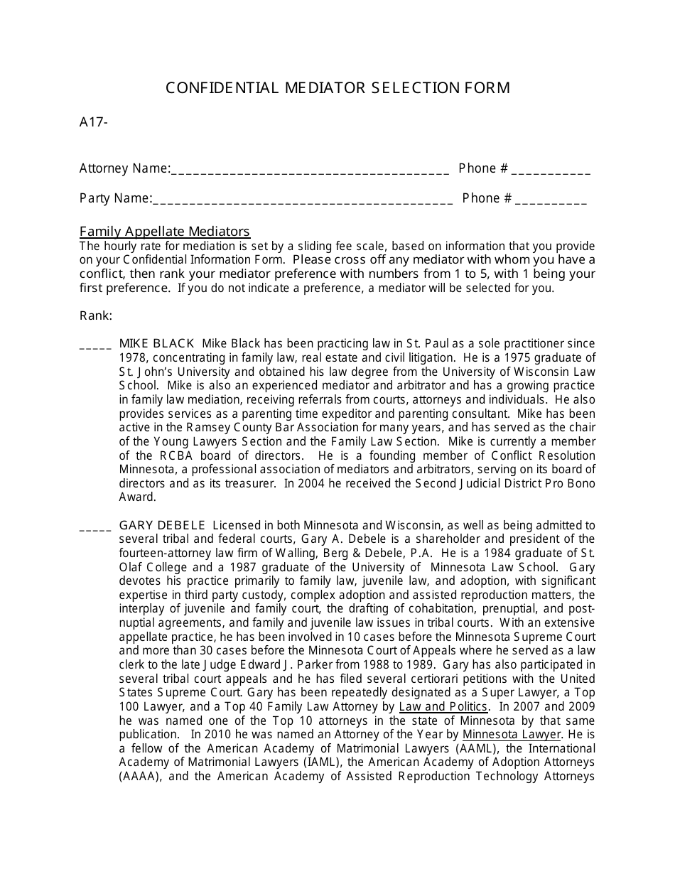 Form A17- Confidential Mediator Selection Form - Minnesota, Page 1
