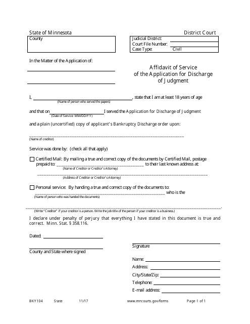 Form BKY104 Affidavit of Service of the Application for Discharge of Judgment - Minnesota
