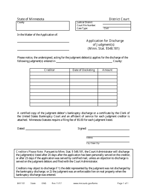 Form BKY101 Application for Discharge of Judgment(S) - Minnesota