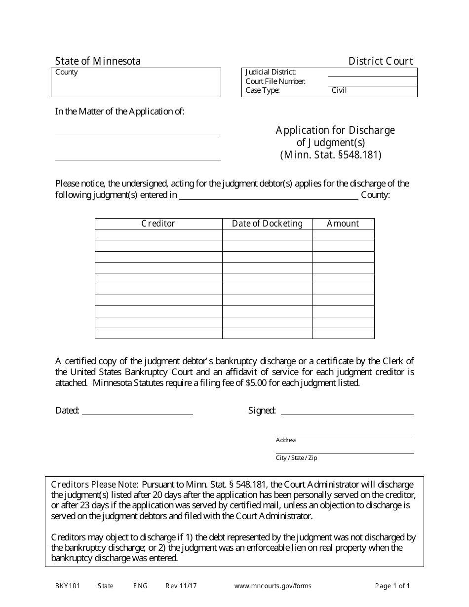 Form BKY101 Application for Discharge of Judgment(S) - Minnesota, Page 1