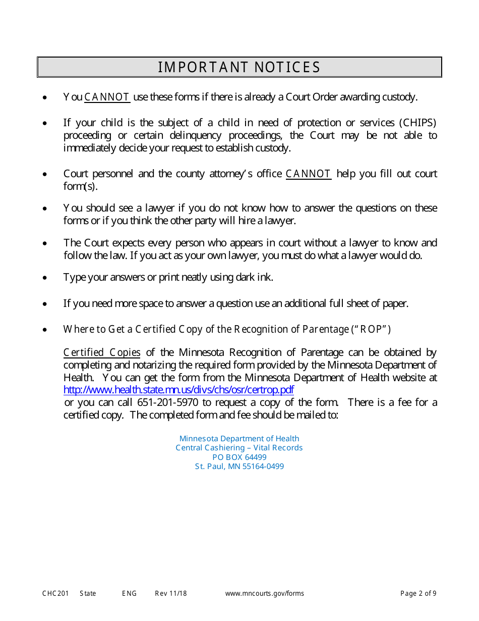 Form CHC201 Instructions - Response to Request to Establish Child Custody and Parenting Time - Minnesota, Page 2