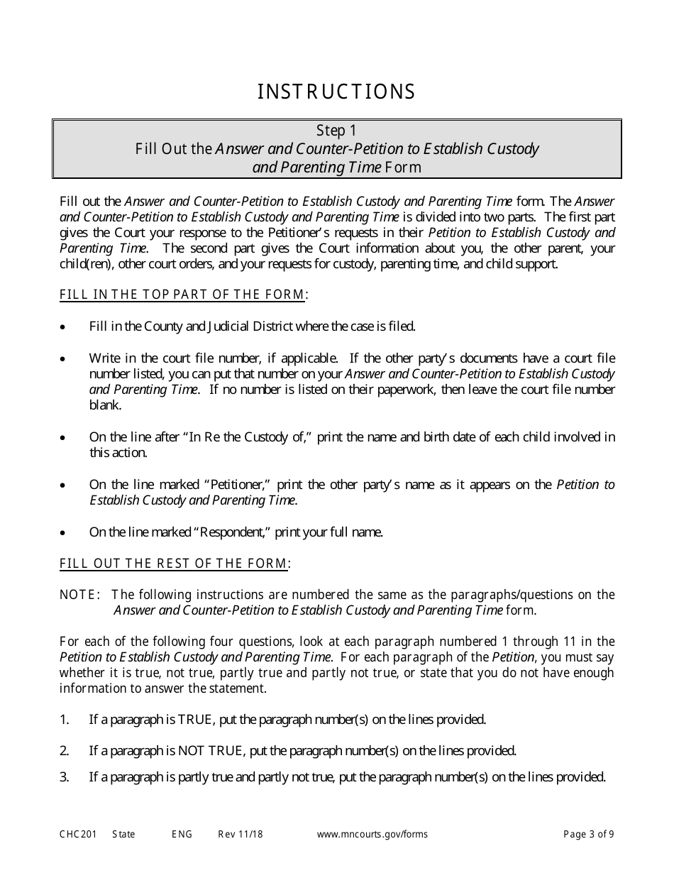 Form CHC201 Instructions - Response to Request to Establish Child Custody and Parenting Time - Minnesota, Page 3