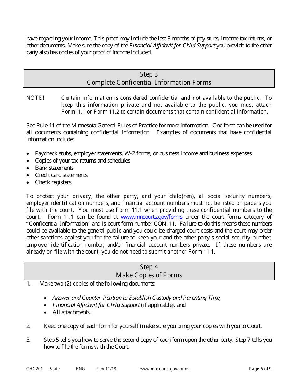 Form CHC201 Instructions - Response to Request to Establish Child Custody and Parenting Time - Minnesota, Page 6