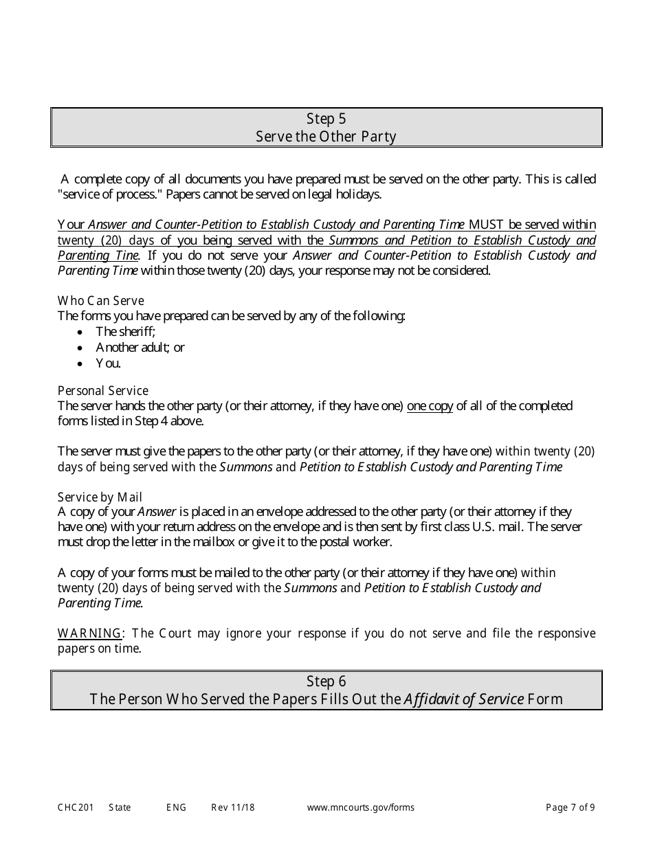 Form CHC201 Instructions - Response to Request to Establish Child Custody and Parenting Time - Minnesota, Page 7