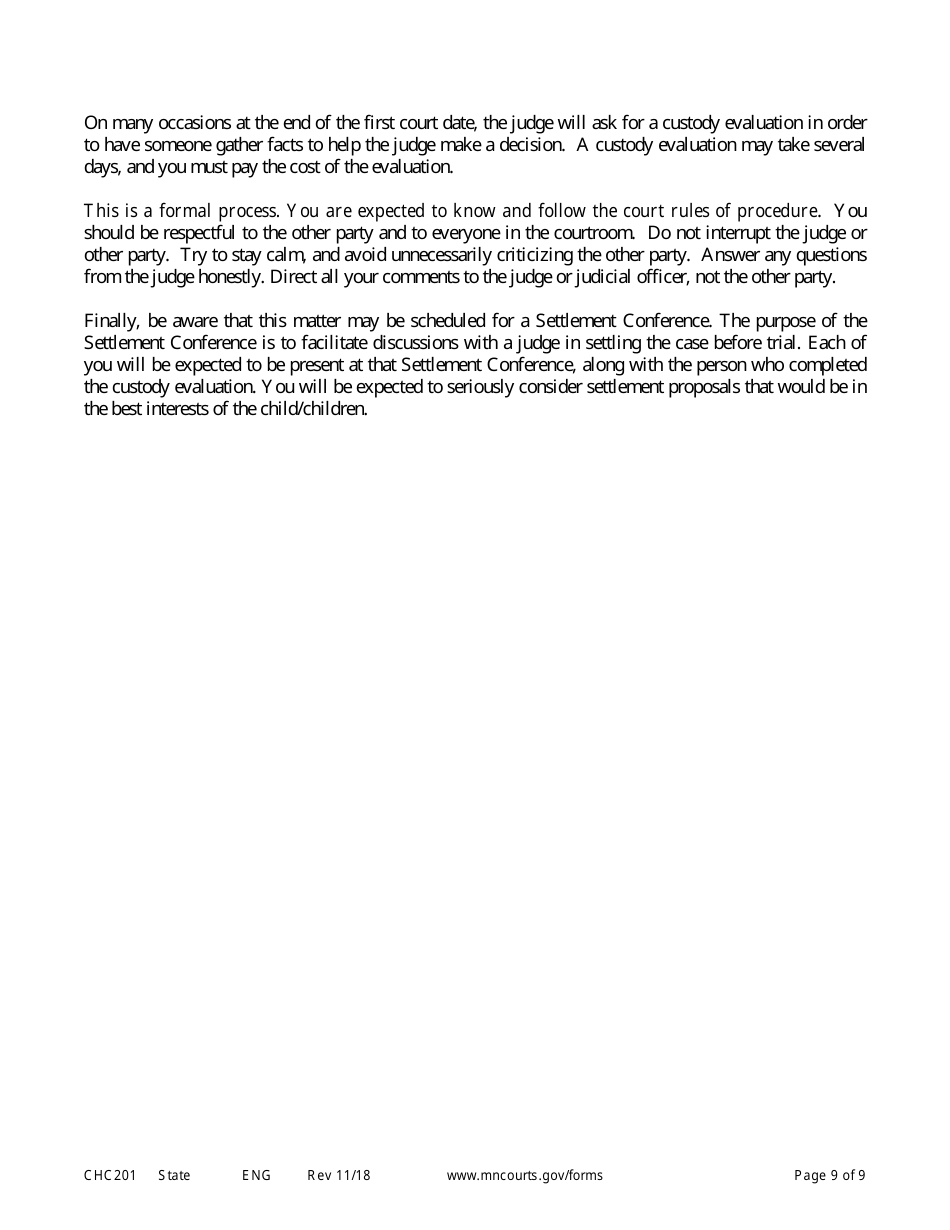 Form CHC201 Instructions - Response to Request to Establish Child Custody and Parenting Time - Minnesota, Page 9