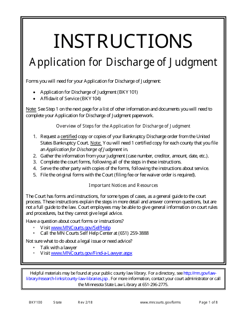 Instructions for Form BKY101 Application for Discharge of Judgment - Minnesota