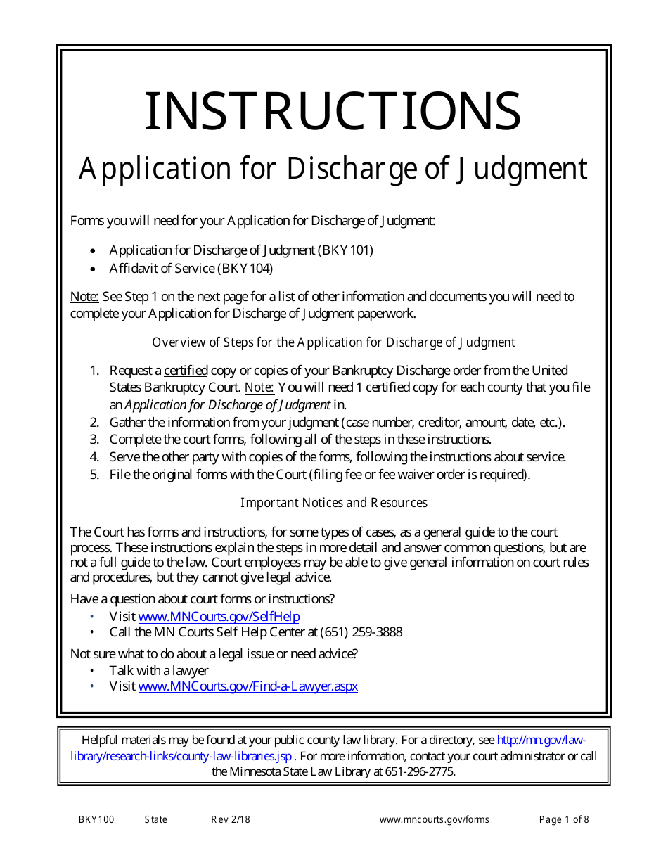 Instructions for Form BKY101 Application for Discharge of Judgment - Minnesota, Page 1