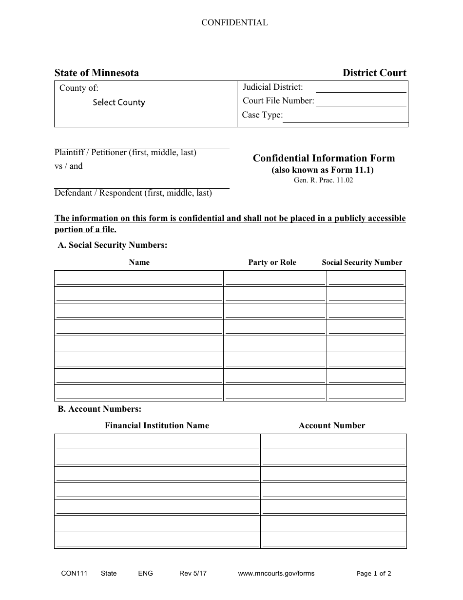 Form CON111 (11.1) Confidential Information Form - Minnesota, Page 1