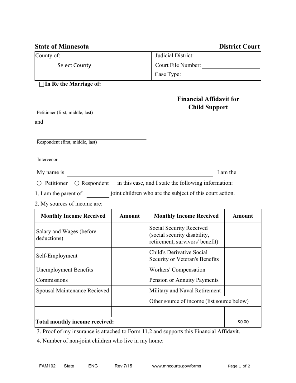 Form FAM102 Financial Affidavit for Child Support - Minnesota, Page 1