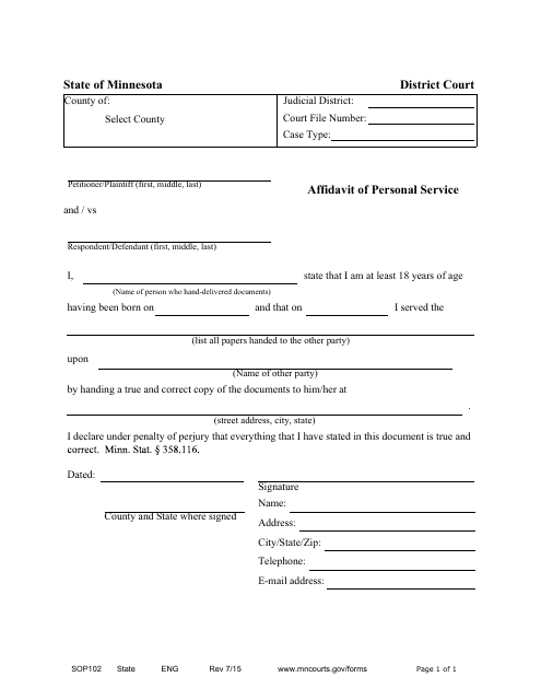 Form SOP102 Affidavit of Personal Service - Minnesota