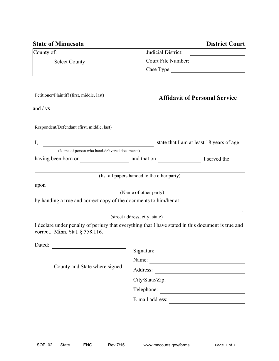Form SOP102 Affidavit of Personal Service - Minnesota, Page 1