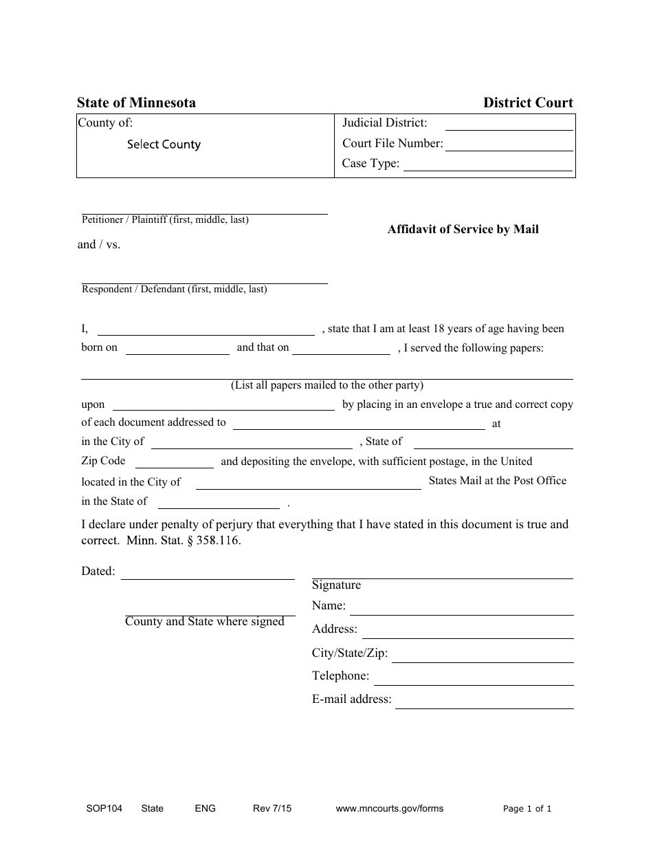 Form SOP104 Affidavit of Service by Mail - Minnesota, Page 1