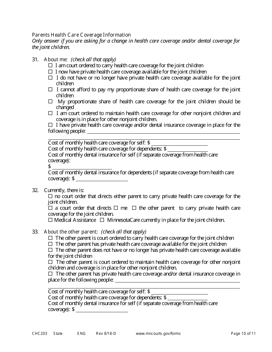 Form CHC203 Responsive Affidavit in Support of Establishing Child Custody and Parenting Time - Minnesota, Page 10