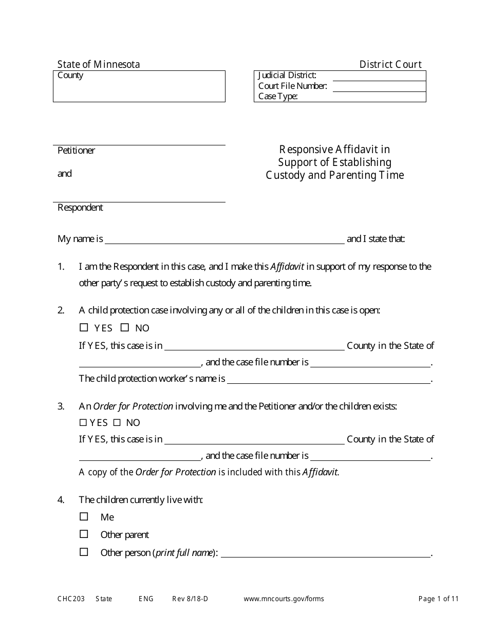 Form CHC203 Responsive Affidavit in Support of Establishing Child Custody and Parenting Time - Minnesota, Page 1