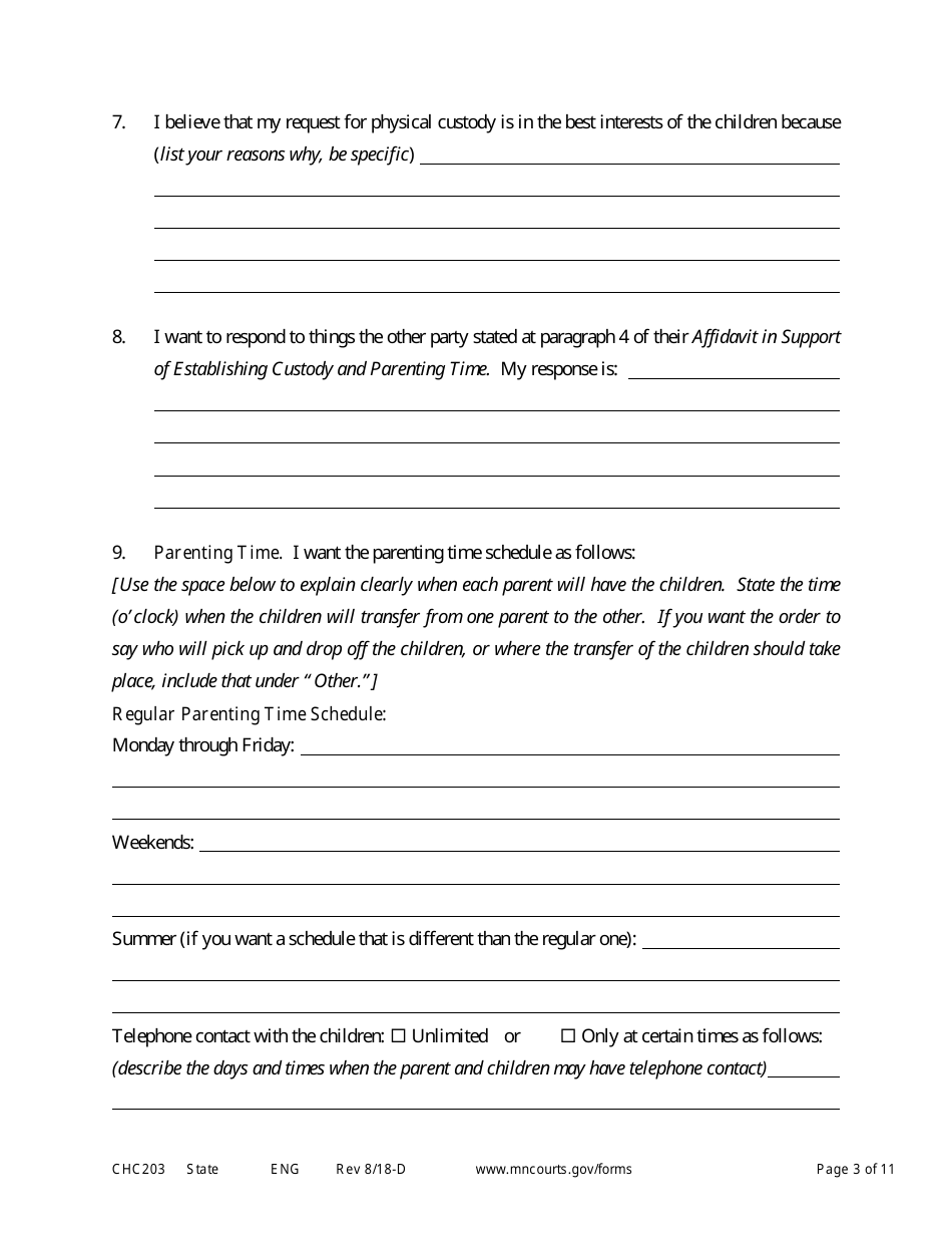 Form CHC203 Responsive Affidavit in Support of Establishing Child Custody and Parenting Time - Minnesota, Page 3