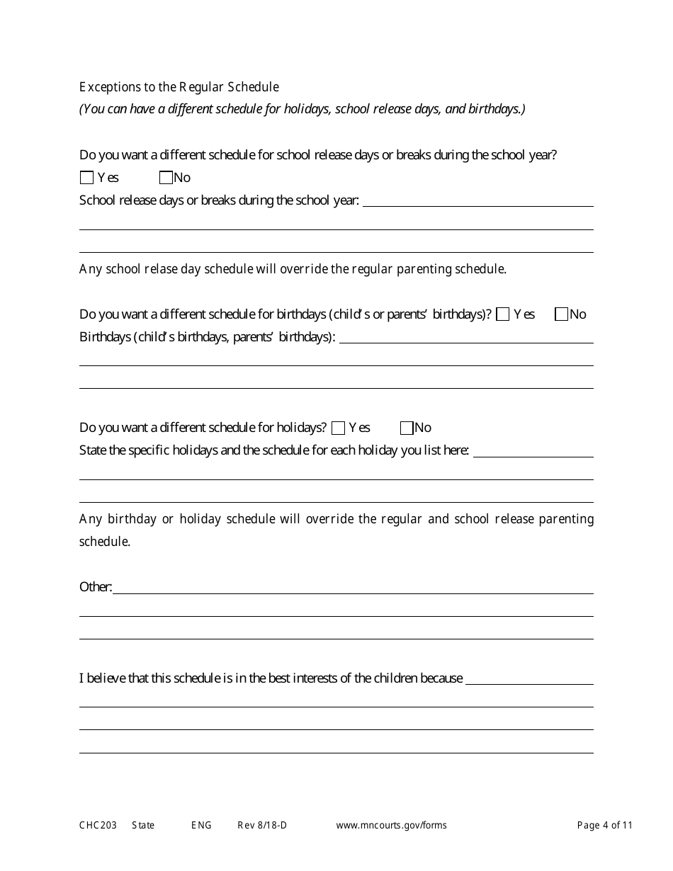 Form CHC203 Responsive Affidavit in Support of Establishing Child Custody and Parenting Time - Minnesota, Page 4