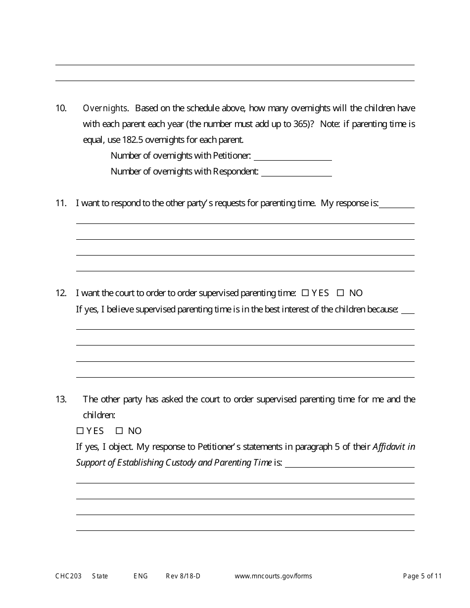 Form CHC203 Responsive Affidavit in Support of Establishing Child Custody and Parenting Time - Minnesota, Page 5