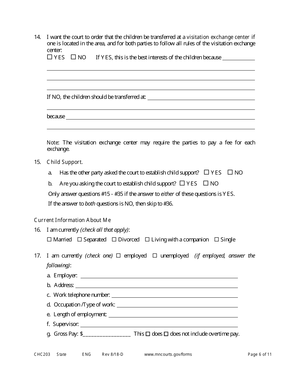 Form CHC203 Responsive Affidavit in Support of Establishing Child Custody and Parenting Time - Minnesota, Page 6