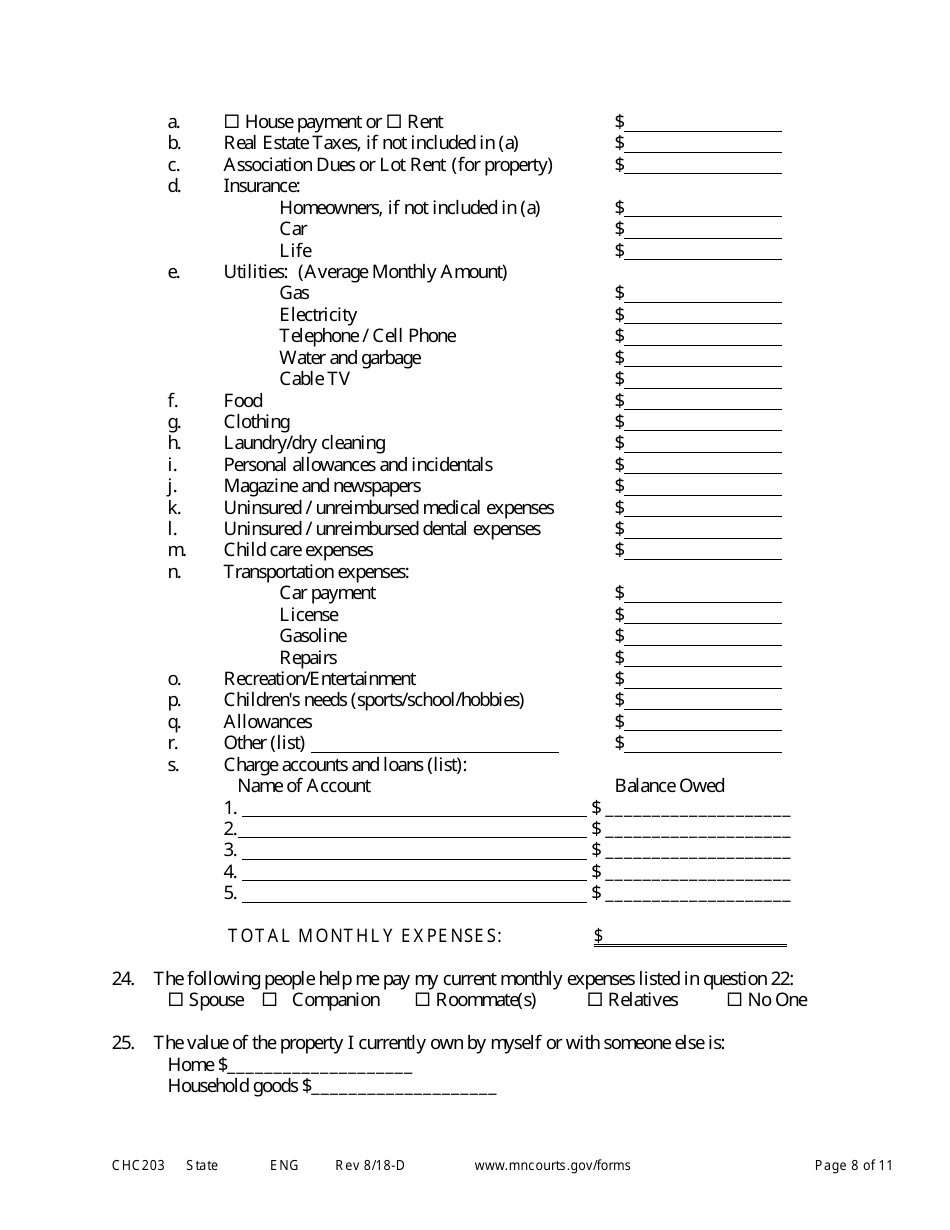 Form CHC203 Responsive Affidavit in Support of Establishing Child Custody and Parenting Time - Minnesota, Page 8