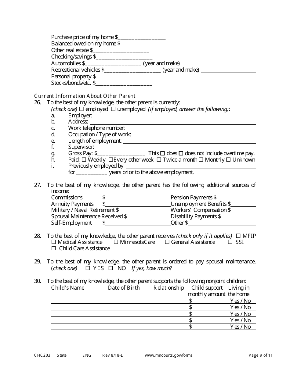 Form CHC203 Responsive Affidavit in Support of Establishing Child Custody and Parenting Time - Minnesota, Page 9