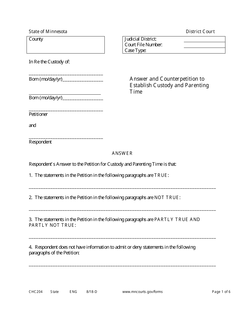 Form CHC204 Answer and Counterpetition to Establish Custody and Parenting Time - Minnesota, Page 1