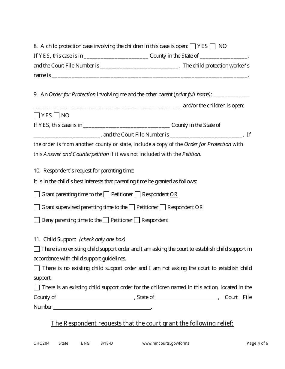 Form CHC204 Answer and Counterpetition to Establish Custody and Parenting Time - Minnesota, Page 4
