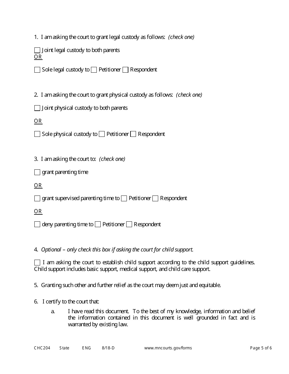 Form CHC204 Answer and Counterpetition to Establish Custody and Parenting Time - Minnesota, Page 5