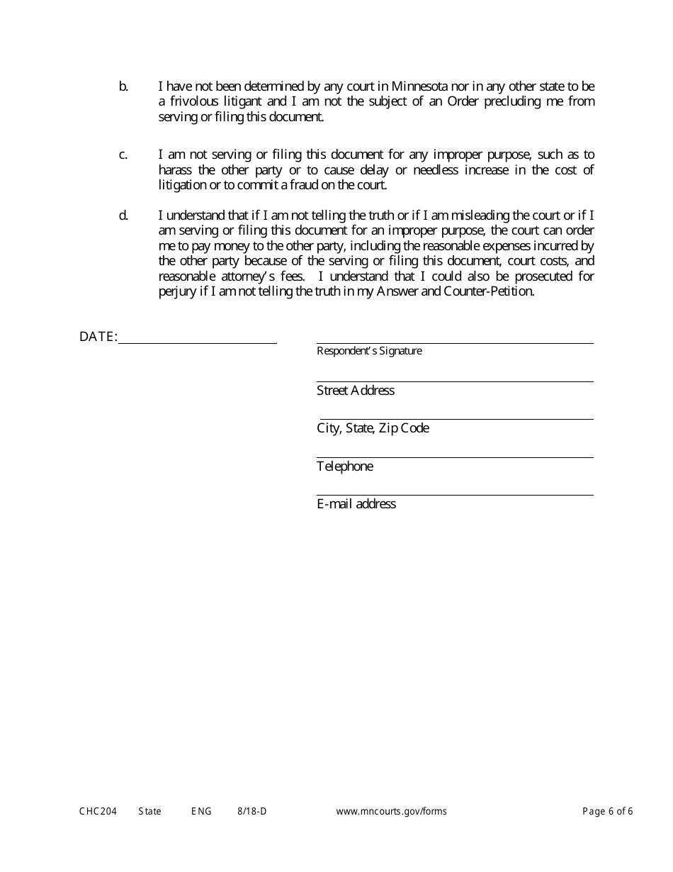 Form CHC204 Answer and Counterpetition to Establish Custody and Parenting Time - Minnesota, Page 6