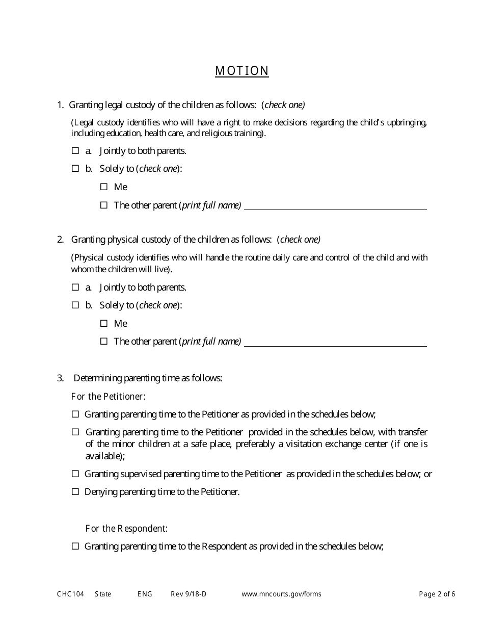 Form CHC104 Notice of Motion and Motion to Establish Custody and Parenting Time - Minnesota, Page 2