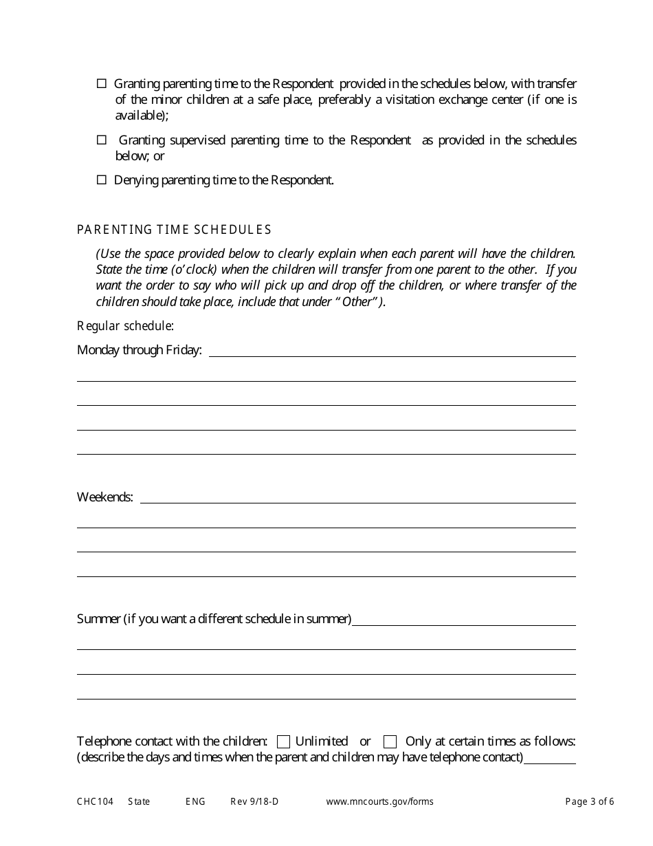 Form CHC104 Notice of Motion and Motion to Establish Custody and Parenting Time - Minnesota, Page 3